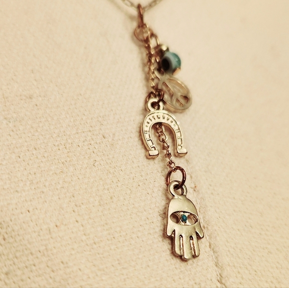 Hamsa Hand Evil Eye Horseshoe Peace Sign Necklace - Picture 14 of 14